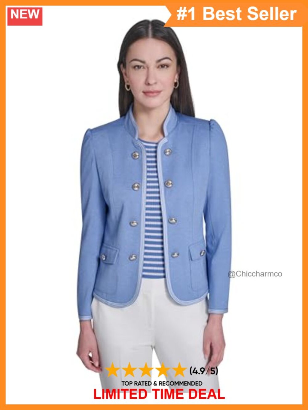 Band Collar Blazer Jacket Solid Pockets